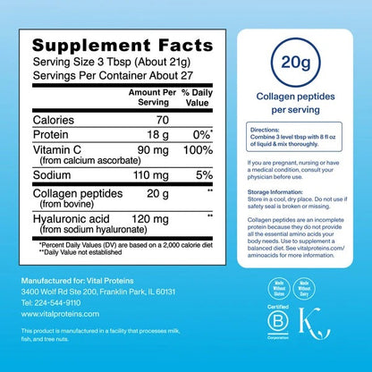 Vital Proteins Collagen Peptides Powder - Grass Fed Collagen Peptides for Hair, Nail, Skin, Bone & Joint Health, Unflavored, 27 Servings VITAL PROTEINS